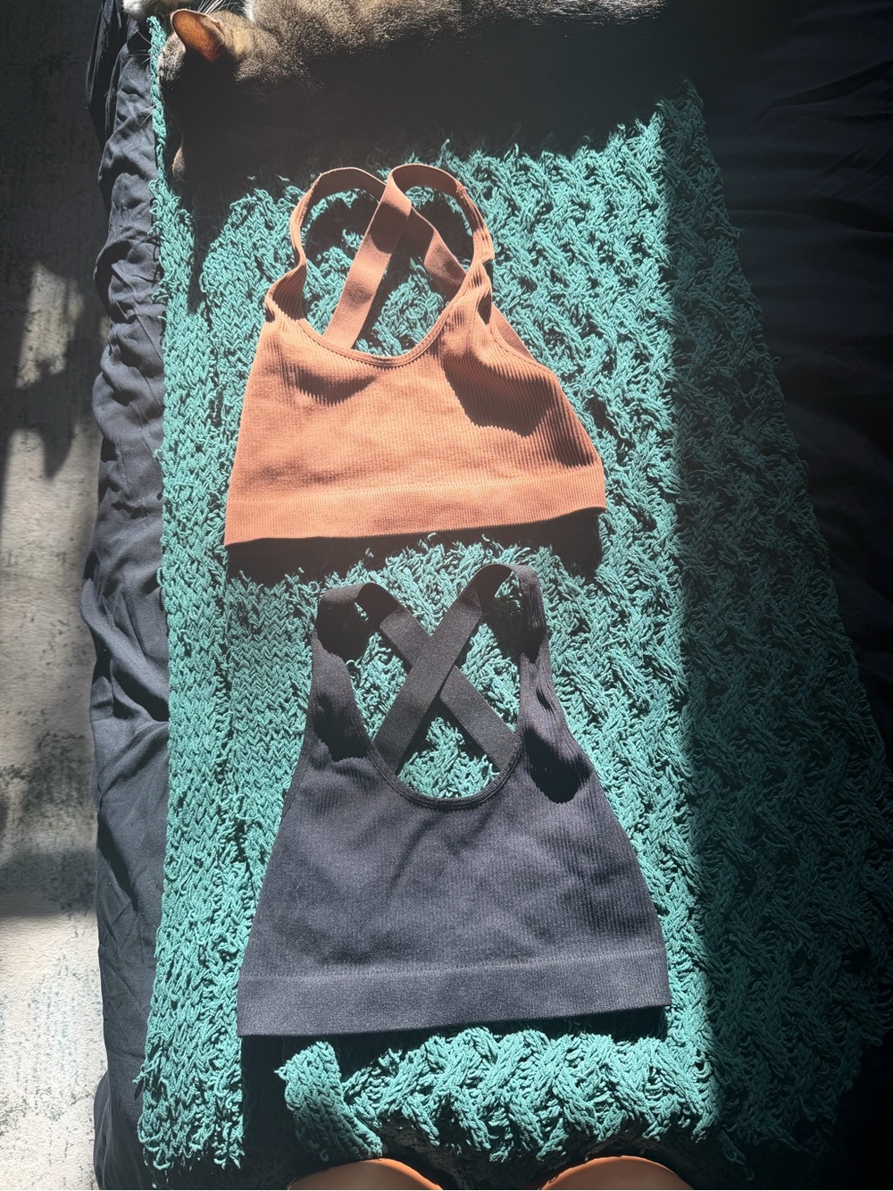 Women's Ribbed Cross-Back Tank Top - Peach and Black